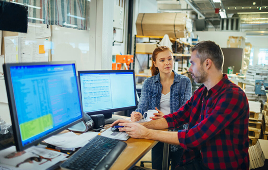 Two employees talk over a computer