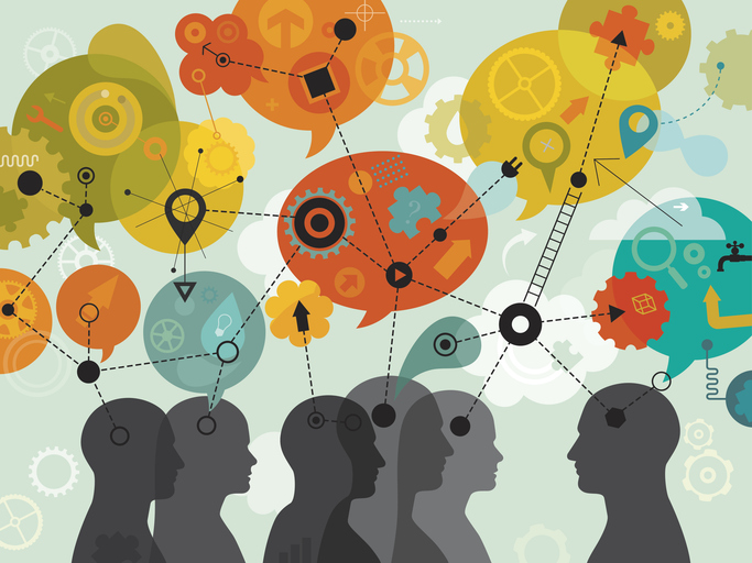 Illustrated silhouettes of people connected by lines, gears, arrows, and speech bubbles filled with symbols and icons.