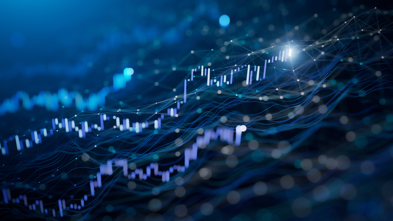 Abstract blue data visualization with glowing lines, connected points, and chart bars across a dark background.