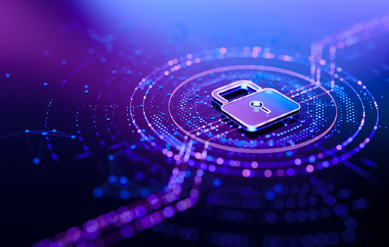 A lock made of blue pixels against a black background, representing cybersecurity