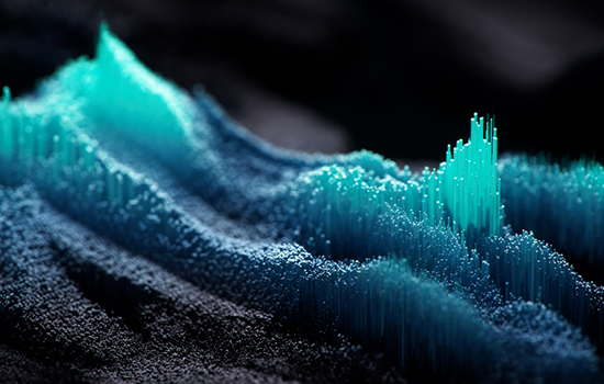 Abstract digital visualization of glowing blue and teal data points forming wave-like peaks and valleys against a dark background, representing analytics and business intelligence.