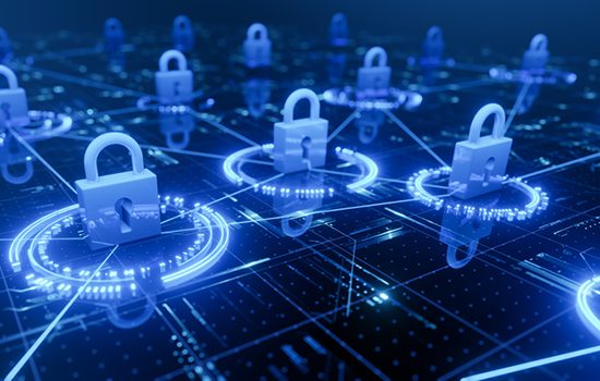 Glowing padlock icons connected across a blue digital grid background.